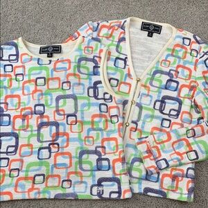 St. John Colorful Geometric Knit Top and Cardigan 2pc Set Women’s S